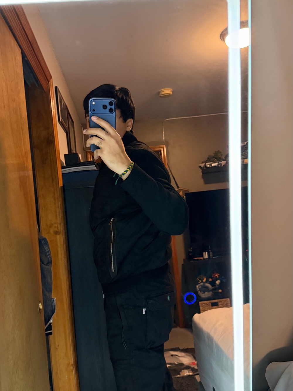 Suede Leather Black Quilted Puffer Jacket with Knit Sleeves and Goose Down - Picture 12 of 15